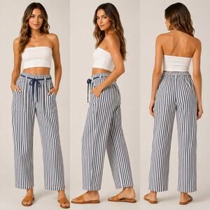 NWT Vici Blue White Striped Paperbag Drawstring Utility Pants Size S